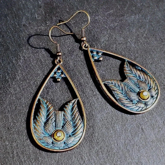 Antique Copper Verdigris Blue Green Patina Carved Open Teardrop Earrings - Picture 1 of 5